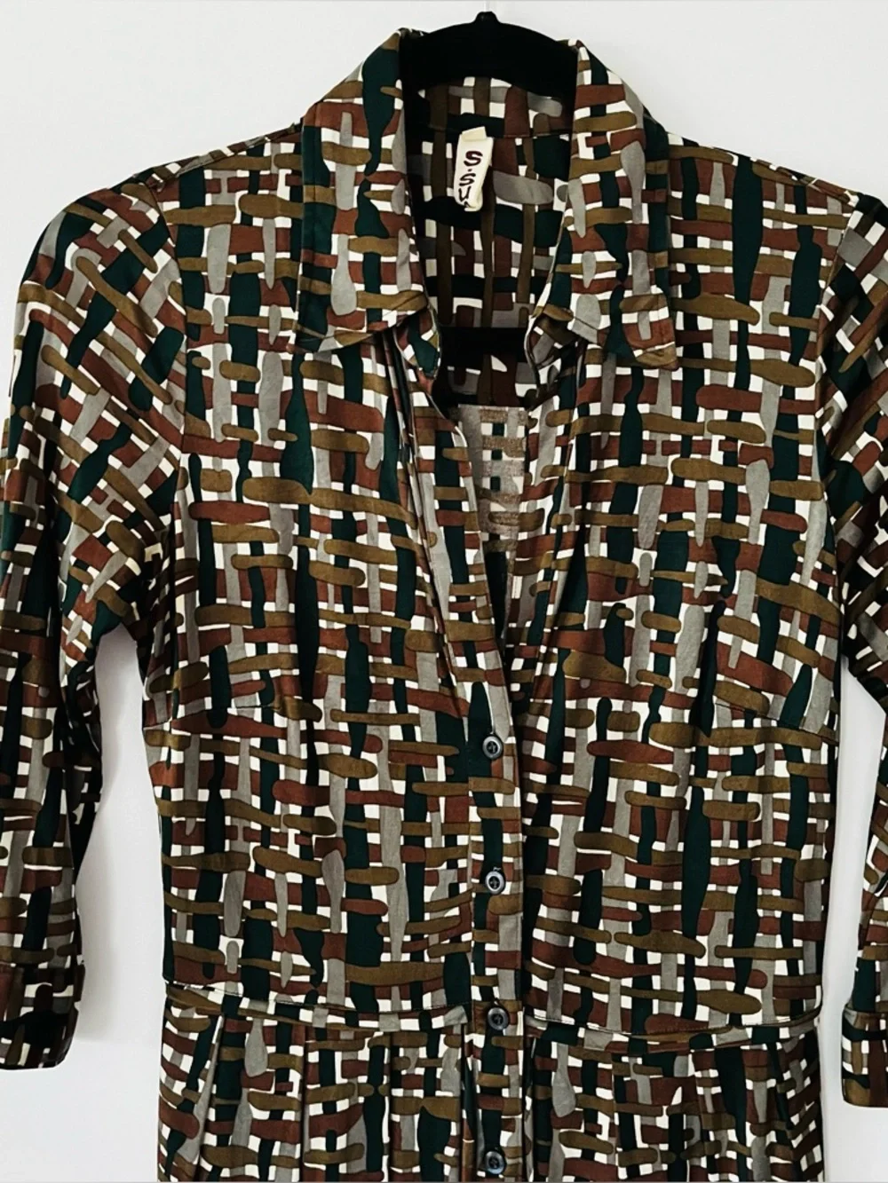 S SUNG Silk Button-Front Geometric Print Dress in Brown, Green & White Medium - Picture 7 of 16